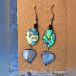 Blue and Gray Heart Drop Earrings with Abalone Accents